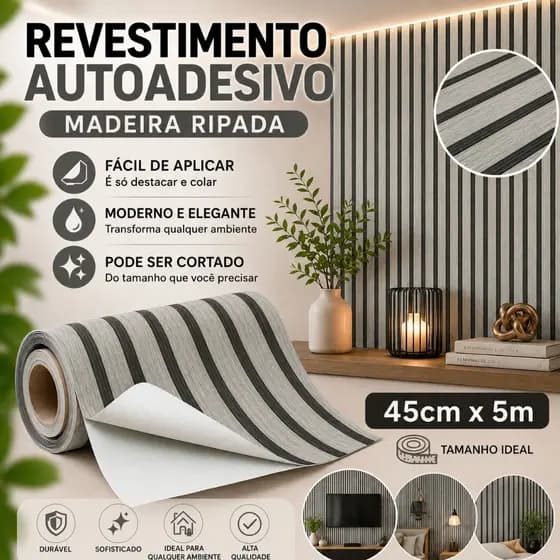 Papel de Parede Madeira Ripada Cinza 3D 5 METROS X 45CM Auto Adesivo Colante