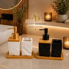 Kit Banheiro Luxo Porta Sabonete Líquido + Porta Escova em Cerâmica com Bandeja Preto e Branco – Conjunto Moderno