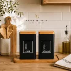 Kit 2 Porta Mantimentos Café e Açúcar Preto com Tampa Bambu | Potes Decorativos para Cozinha | Lata