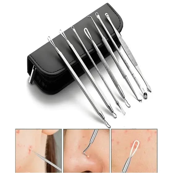 Kit Acne Espinha Extrator De Cravos Profissional Removedor 7 Pçs De Ponta Dupla Com Pinça/Extrator/