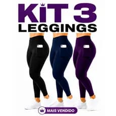 Kit 3 Calça Legging Feminina com Bolso Lateral Fitness Cós alto Esportiva ideal guardar objetos