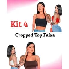 Kit 4 Cropped Top Faixa Alça Fina Elástico Básico Forro Duplo Suplex Premium Conforto Dia a Dia