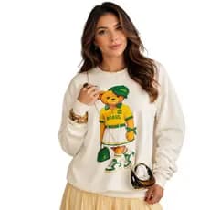 Moletom Feminino Algodão Flanelado Sem Capuz Ursinho Brasil Gola Redonda Blusa de Frio Inverno