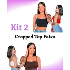 Kit 2 Cropped Feminino Top Faixa Alças Finas Elástico Básico Forro Duplo Suplex Premium Dia a Dia