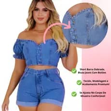 Conjunto Jeans Fashion Fit – Cropped Trendy e Short de Cintura Alta