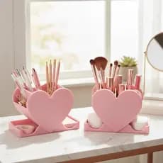 Organizador De Mesa Porta Canetas E Maquiagem Coração Rosa