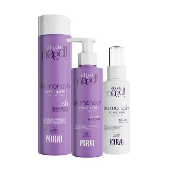 Kit Bio Monovin Crescimento Capilar AntiQueda 3x Passos MIrai Cabelos Fortes Saudáveis e Crescimento