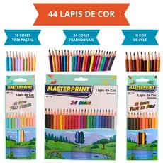 Kit 44 Lápis de Cor Pintar Colorir Desenhos Multicolor (24 Cores + 10 Cores Tons de Pele + 10 Cores Tom Pastel) Escolar