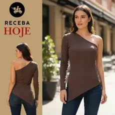 Blusa Feminina Elegante Manga Lateral de Bico Com Bojo Blusinha Nula Manga Canelado de Algodão