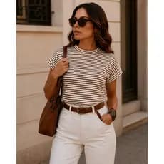 Blusa Listrada Feminina Manga Curta Casual Camiseta Tshirts Basica de Listra Fina Delicada Moda Minimalista