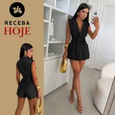 Macaquinho Feminino Regata Alfaiataria Macacão Curto Max Blazer com Faixa Cinto Elegante e Casual
