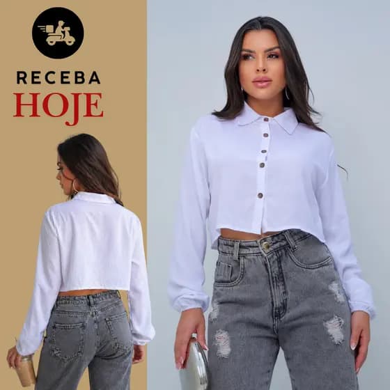 Blusinha Cropped Manga Longa Camisetinha Despojado Com Botões Moda Blogueira Camiseta Feminina