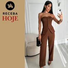 Conjunto Feminino Social Alfaiataria Corset Tomara que Caia e Calça Tecido Casual Clássico  Elegante
