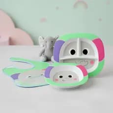 Kit Introdução Alimentar Bebê - Kit 1 Prato + 1 Bowl + 1 Babador Impermeável bolso Buba Zoo Elefante