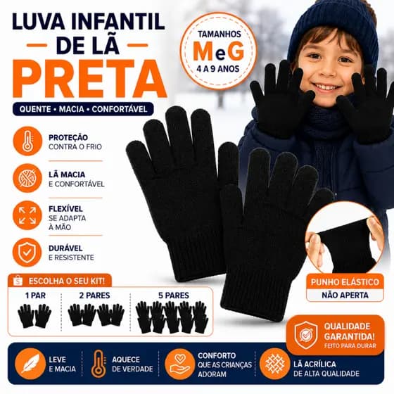 Luva Infantil de Lã Preta Quente e Flexível para Menino ou Menina Luva de Frio para Escola Criança