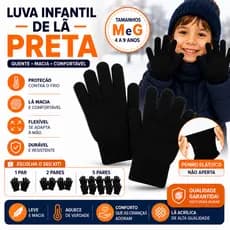 Luva Infantil de Lã Preta Quente e Flexível para Menino ou Menina Luva de Frio para Escola Criança