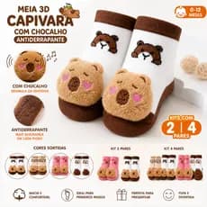 Meia Infantil Bebê Capivara 3D Chocalho Antiderrapante Menino Menina (0–12 meses)