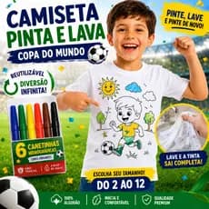 Camiseta infantil Brasil Copa do Mundo 2026 Pinte e Lave com Canetinhas Camisa Blusa Criatividade Crianças