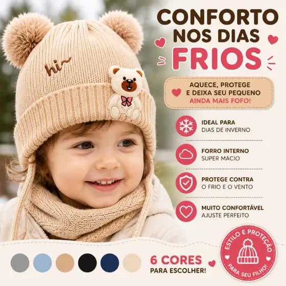 Touca Infantil De Frio Forrada Gorro de Lã Com Pom Pom Menino Menina Peluciada