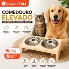 Comedouro Elevado Duplo Pet Cachorro Gato 2x450ml Madeira Pinus Tigela Inox Ergonômico Premium