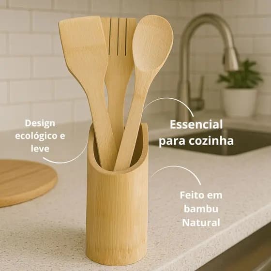 2 kit  utensilios cozinha bambu retrô casa doce lar utilidades casa