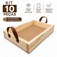 kit 10 bandeja milao milano de madeira 33x22 em Madeira Pinus alça de couro