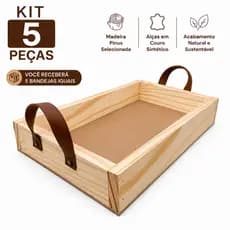 Kit 5 bandeja milao milano em madeira alça de couro 33x22