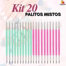 Kit 20 Palitos Duplo Slim -  Rosa e Verde com silicone cutelaria manicure