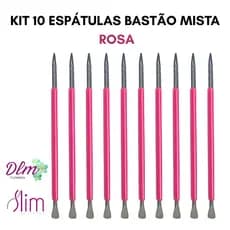 Kit 10 Espátulas Slim -  Bastão Mista Unha Inox ROSA  Com Silicone Cutelaria Manicure