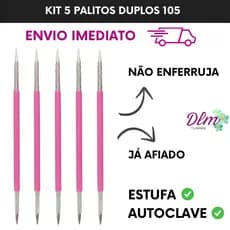 Kit 5 Palito Duplo 105  Slim Cutícula Manicure Pedicure Cutelaria Unha rosa Silicone Esterilizável Inox