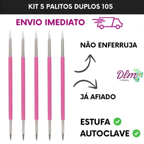 Kit 5 Palito Duplo 105 Slim Inox Silicone Rosa – Manicure e Pedicure Esterilizável