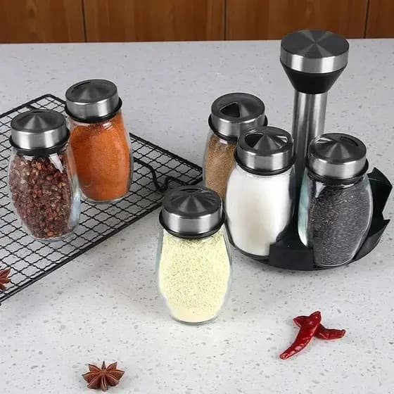 Porta Condimento com 6 Potes de Vidro Suporte Giratório Porta Tempero Cozinha