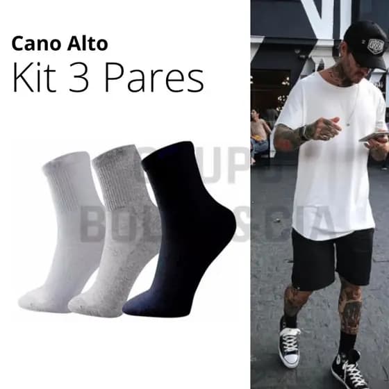 Meias Cano Alto 3 pares 40 ao 46 Lisa Academia Estilosa Moda Masculina