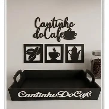 Kit Cantinho do Café – Bandeja Preta + Placa + 3 Quadrinhos | ebenlar