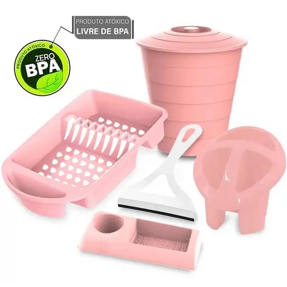 Kit Cozinha 4 Peças Rosa e Rodinho De Pia Branco