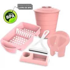 Kit Cozinha 4 Peças Rosa e Rodinho De Pia Branco