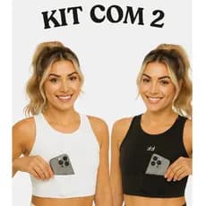 Kit 2 Top Fitness Feminino Alta Compressão Bolso Celular Cropped Academia Treino Zero Transparência