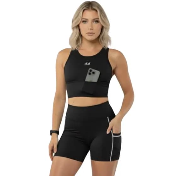 Conjunto Fitness FemininoTop Com Bolso e Short Com Bolso Alta Compressão Academia CrossFit Ciclismo