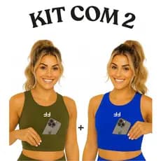 Kit 2 Cropped Top Academia Feminino Fitness Bolso Corrida Alta Sustentação Bojo Removível Esportivo
