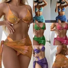 Maiô feminino dividido de três peças/biquíni estampado Pit Strip Tie-Dye
