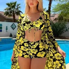 Biquíni novo estilo maiô feminino europeu americano Split três peças de cintura alta maiô 2025 novo estilo blusa