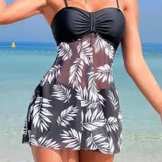 Conjunto de Maiô com Saia em Duas Peças Tankini Conservador Malha Transparente Floral/Biquíni para mulheres