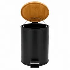 Lixeira 5 Litros Preta Pedal Tampa Bambu Compacta Banheiro Cozinha Escritório