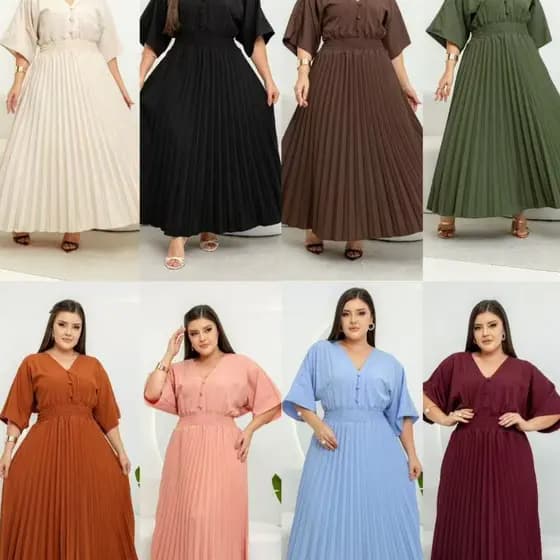 Vestido Longo Plissado Tamanho Único Manga Meia Manga Moda Feminina -053
