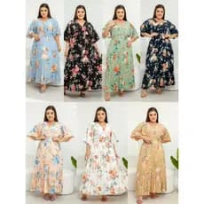 Vestido Longa Plissado Estampadp Tamanho Único Manga Meia Manga Moda Feminina -052