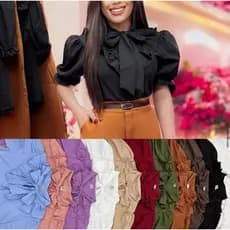 Blusa Bufante Com Laço e Babado Manga Curta Moda Feminina -080