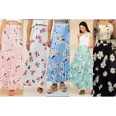 Saia Longa Plissada Estampado Flor Com Forro Moda Tendência Evangélica -026