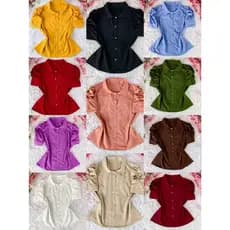 Blusa Camisa Feminina Pérola Clássica com Mangas Franzidas