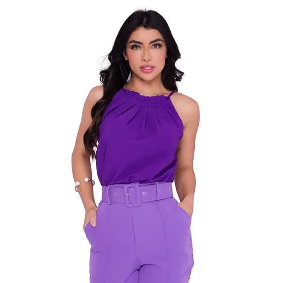 Blusa Crepinho Feminina Social com Gola Alta e Pregas