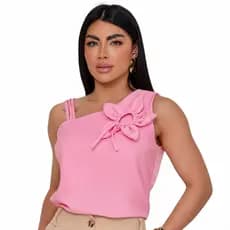 Blusa Ombro Único Feminina Crepinho Elastano Detalhe Floral Alça Tripla Decote Assimétrico
